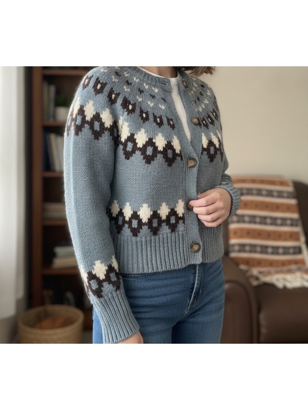 Magaschoni Women's Cardigan Fair Isle Pattern Blue XS